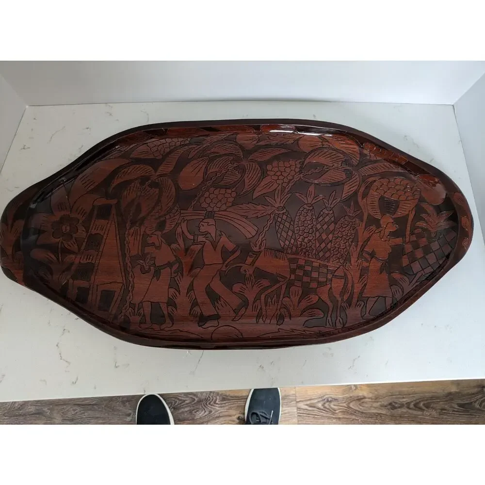 Vtg. Handcarved Wrap Around Serving Tray Island Pineapple Floral Mahogany EUC